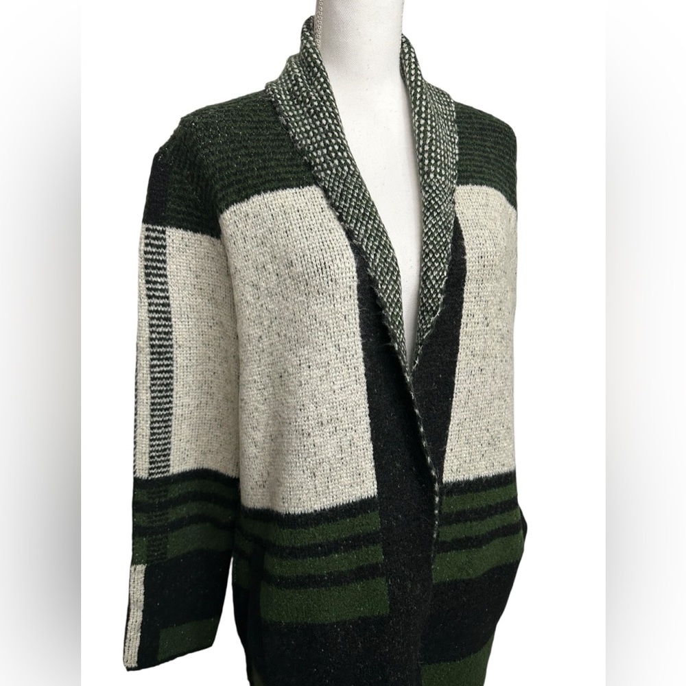 JOSEPH A / Black Green Cream Plaid Long sweater / Small / Preppy Bohemian Fall - Picture 2 of 15